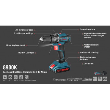 Аккумуляторная ударная дрель, 20В, Бесщеточный двигатель, BMC 8900k