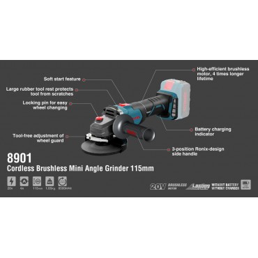 Беспроводная-аккумуляторная Мини Болгарка 115 мм,8500 об/мин,20 W 8901