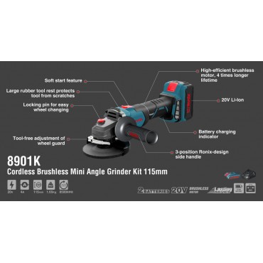 Беспроводная-аккумуляторная Мини Болгарка, с двумя батареями115 мм,8500 об/мин,20 W 8901k